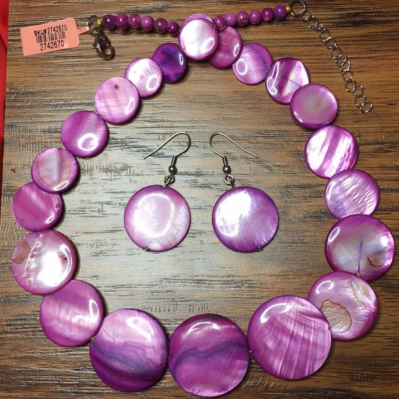 Purple Pink Shell Necklace & Earrings Set - Picture 1 of 11